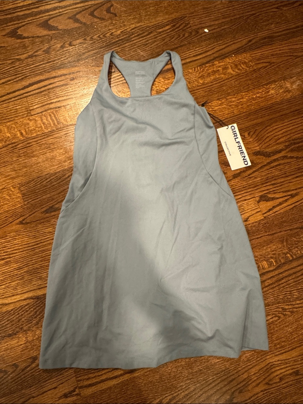 girlfriend collective slate blue racerback dress size large built in bra/shorts